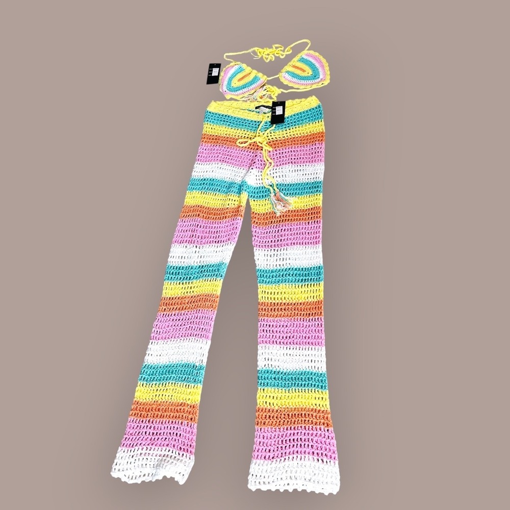 Hot & Delicious Crochet Rainbow Halter Top + Flare Pants Set L Festival Y2K - Picture 2 of 9
